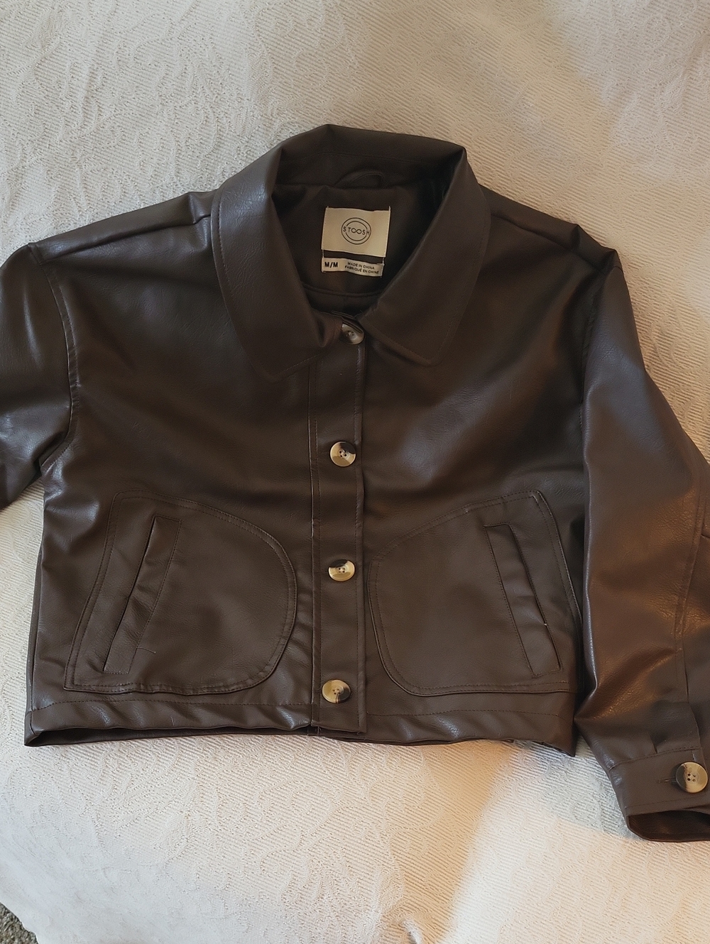 Faux Leather Crop Jacket in Dark Brown - Women's